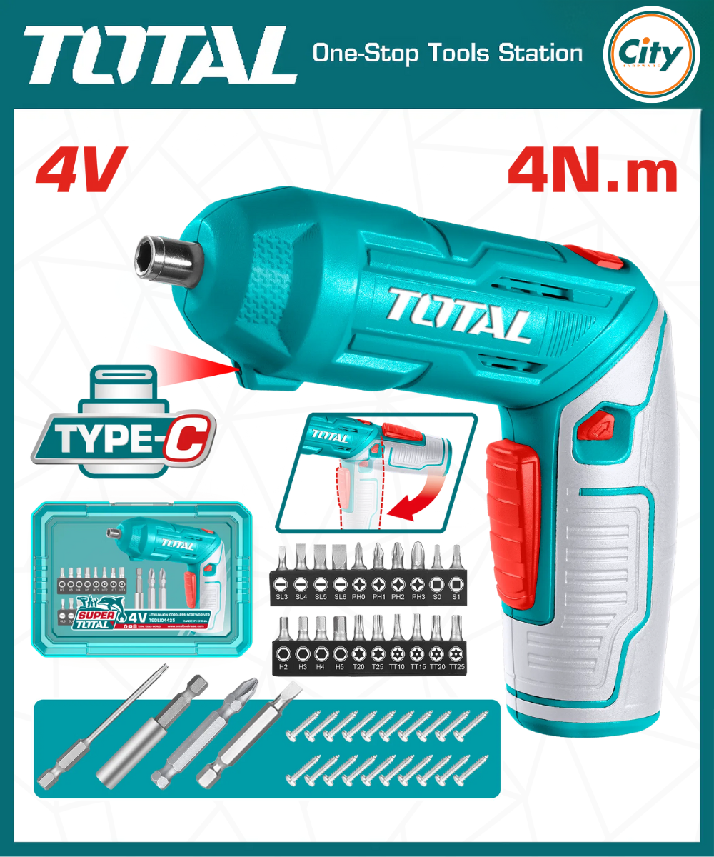 4V Cordless Screwdriver with 24 Pcs Bits Total Tools TSDLI04425